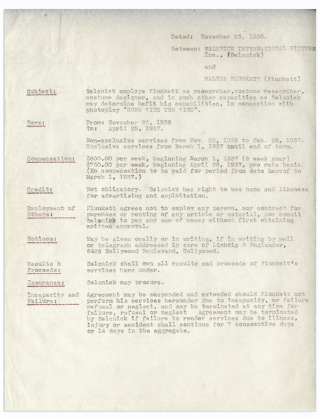 'Gone With the Wind'' Employment Contract Signed by David O. Selznick and Costume Designer Walter Plunkett -- ''...Selznick employs Plunkett...in connection with photoplay 'GONE WITH THE WIND'...''